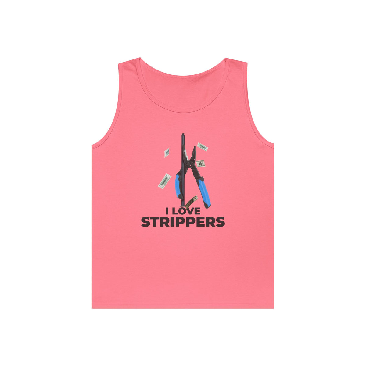 I Love Strippers tank top featuring a wire stripper dancing on a pole with flying dollar bills, funny electrician pun graphic.