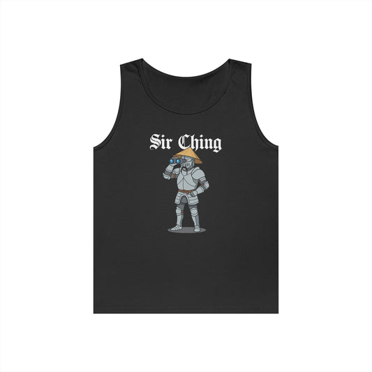 Sir Ching funny knight graphic tank top showing a goofy Asian-inspired medieval knight in shining armor searching with binoculars, wearing a cone hat and buck teeth.