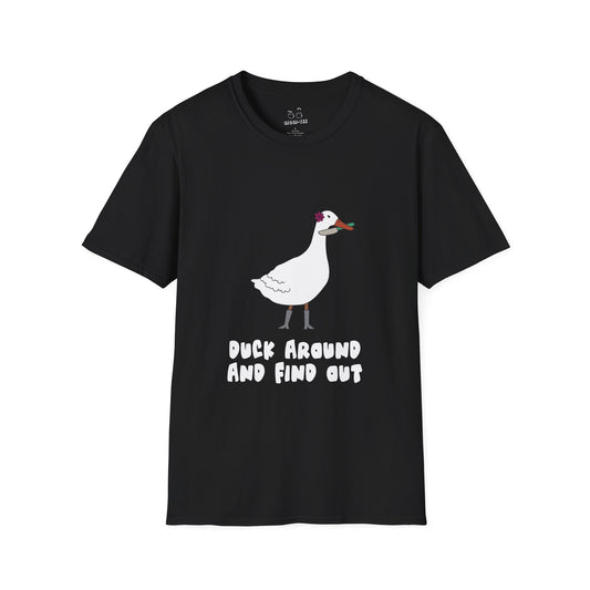 T-shirt featuring a cartoon duck with a menacing expression holding a kitchen knife in its beak, a parody of the popular phrase.