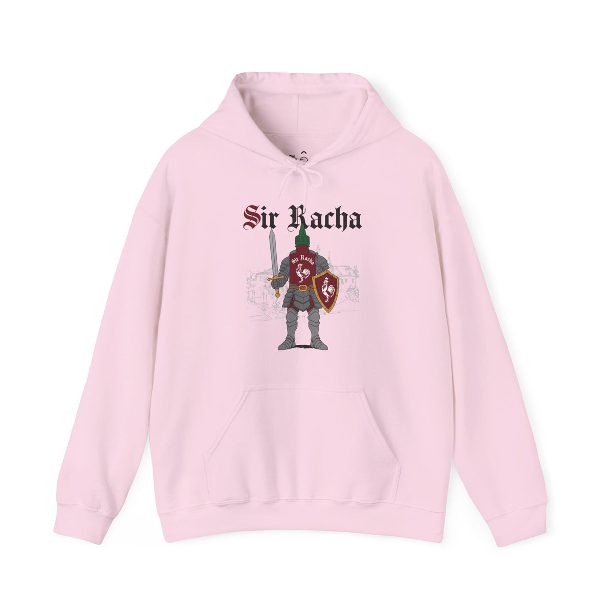 Sir Racha funny sriracha hot sauce bottle in medieval knight armor hoodie
