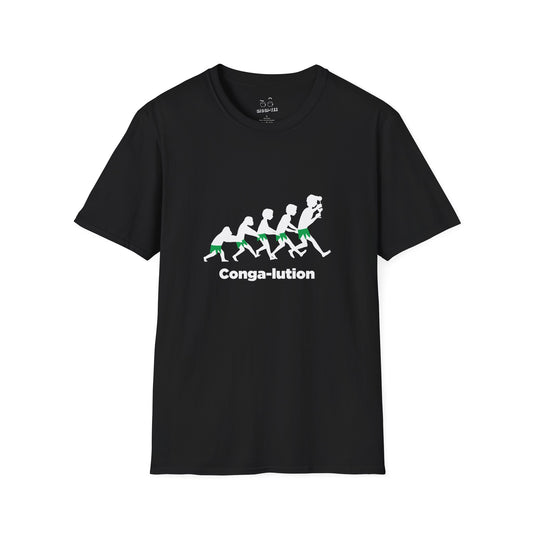 T-shirt showing the "Evolution of Man" silhouettes, but the characters are wearing banana leaves and dancing in a conga line.
