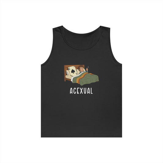 Funny Acexual tank top design showing a man lying in bed next to an Ace playing card in a humorous asexual pun illustration.