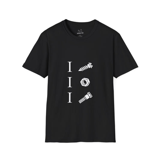 Black t-shirt with icons of a screw, nut, and bolt alongside text ‘I Screw I Nut I Bolt,’ pun design.