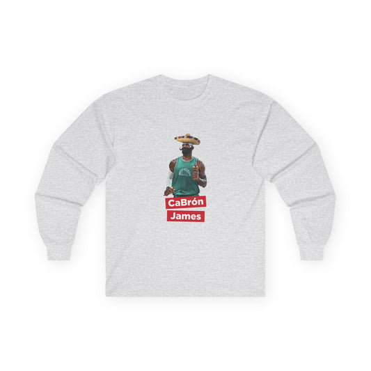 CaBron James parody artwork showing LeBron James wearing a sombrero, large mustache, holding maracas, and wearing a taco jersey on a long sleeve shirt.