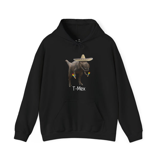 T-Mex dinosaur hoodie graphic with a T-Rex wearing a sombrero and holding maracas