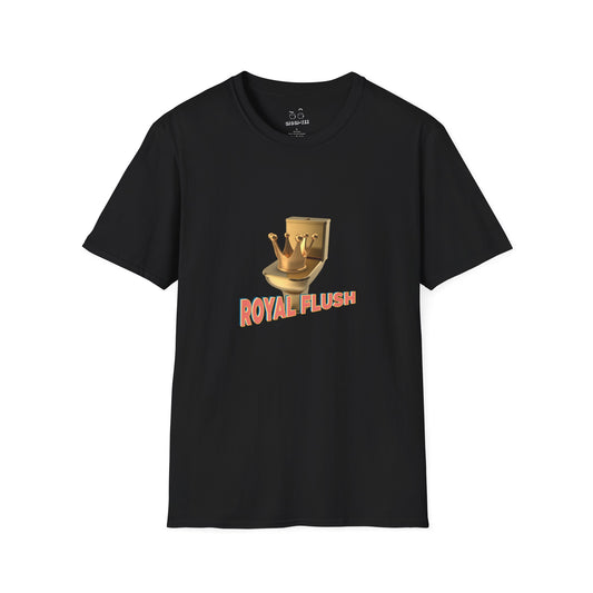 T-shirt with a graphic of an ornate gold royal crown resting on top of a golden toilet seat lid