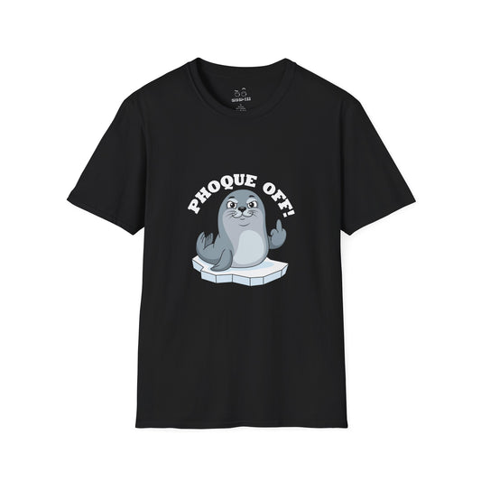 A seal giving the middle finger with the words "Phoque Off," a humorous French wordplay graphic design for a funny pun T-shirt.