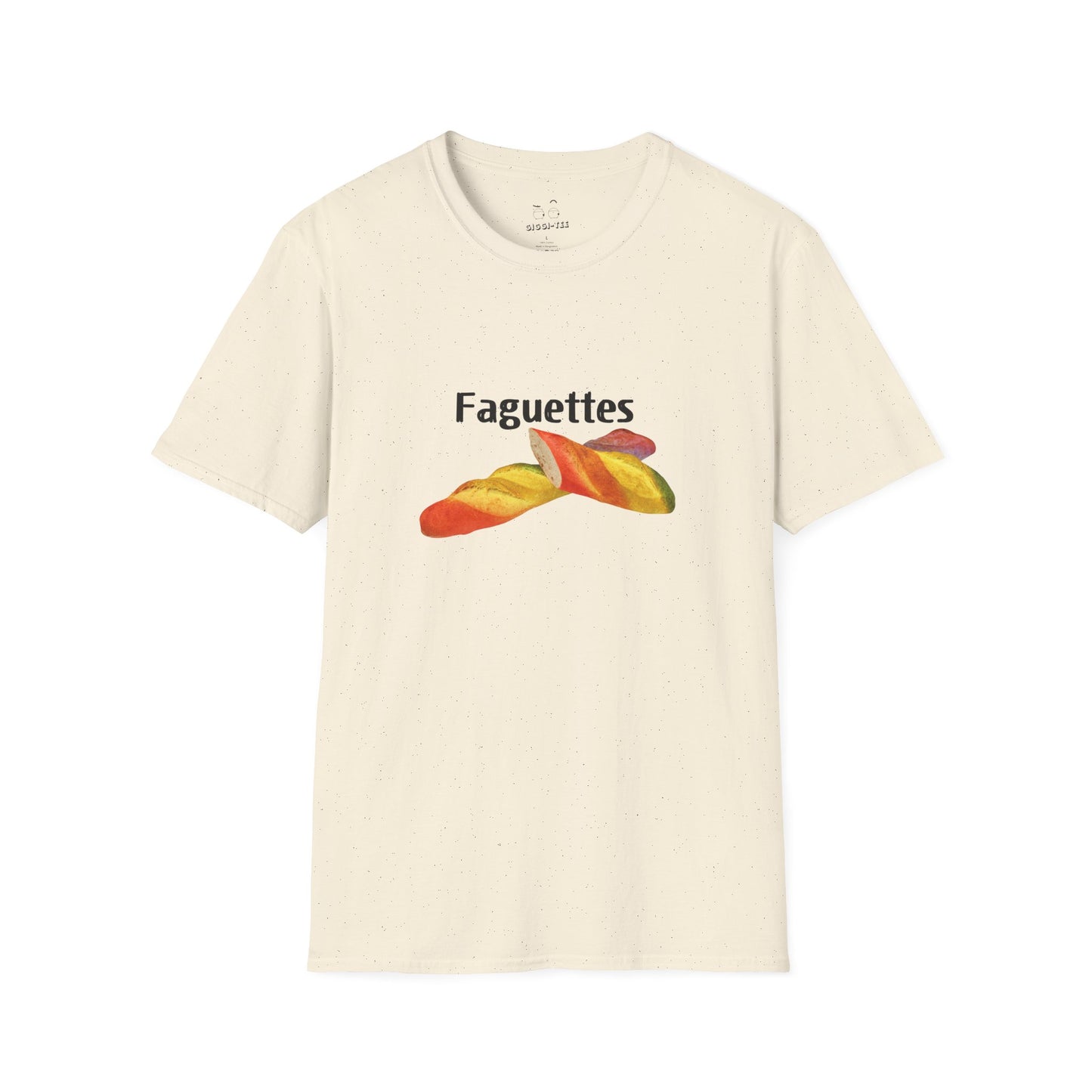Shirt featuring a colorful rainbow baguette parody graphic called “Faguettes” with bold pride-inspired colors.