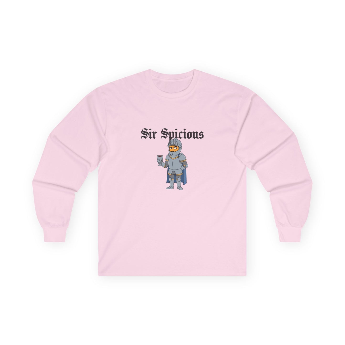 Sir Spicious funny suspicious knight graphic on a white long sleeve shirt