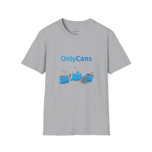 T-shirt featuring a pile of discarded, dented soda and beer cans with flies buzzing around them, a parody of OnlyFans.
