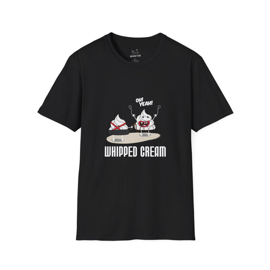 (BDSM) T-shirt with a humorous illustration of a whipped cream dollop in a BDSM leather outfit whipping another cream dollop.