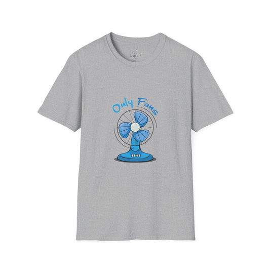 T-shirt featuring a minimalist cartoon illustration of a vintage electric desk fan, a pun on the OnlyFans logo.