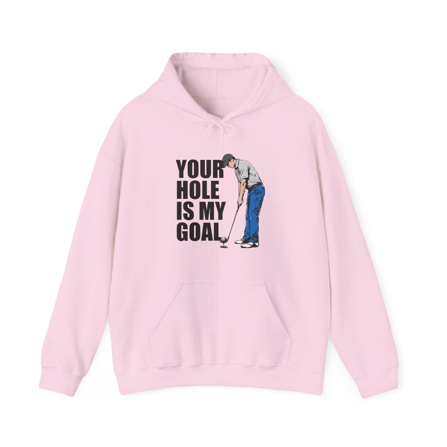 Funny golf design featuring a golfer with a golf club and ball on the pin, with the text “Your Hole Is My Goal.”