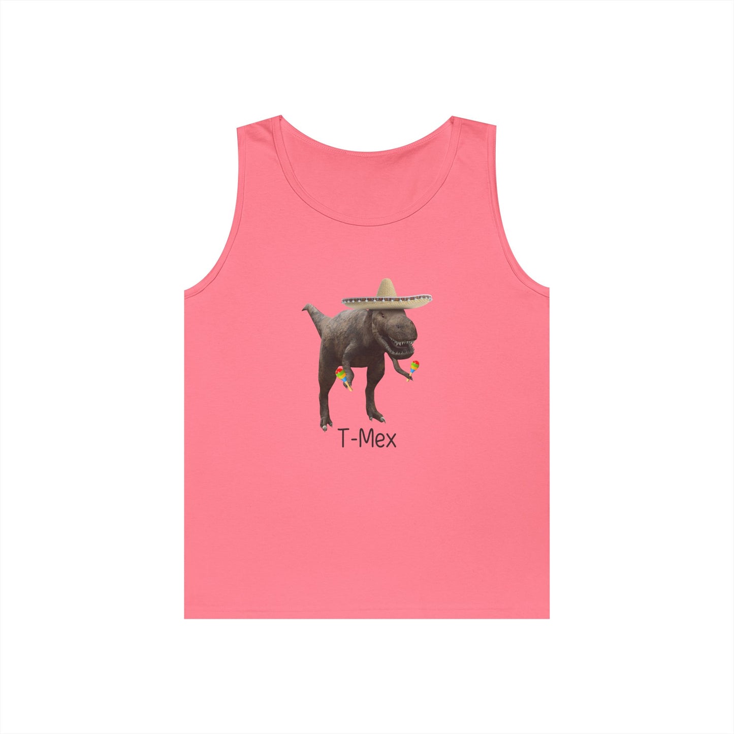 Sleeveless tank top with a T-Mex graphic, showing a cartoon dinosaur in a sombrero celebrating with maracas.