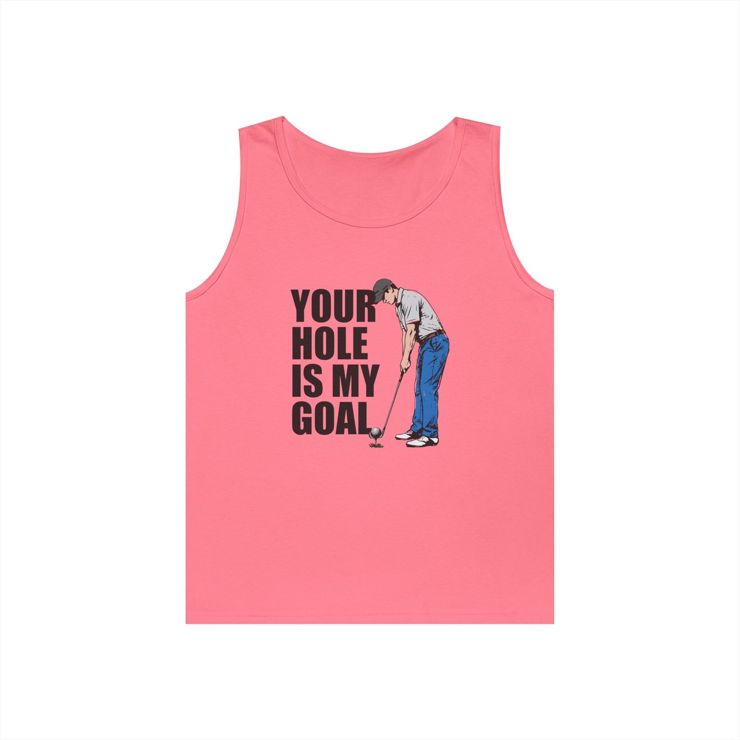 Funny golf design featuring a golfer with a golf club and ball on the pin, with the text “Your Hole Is My Goal.”