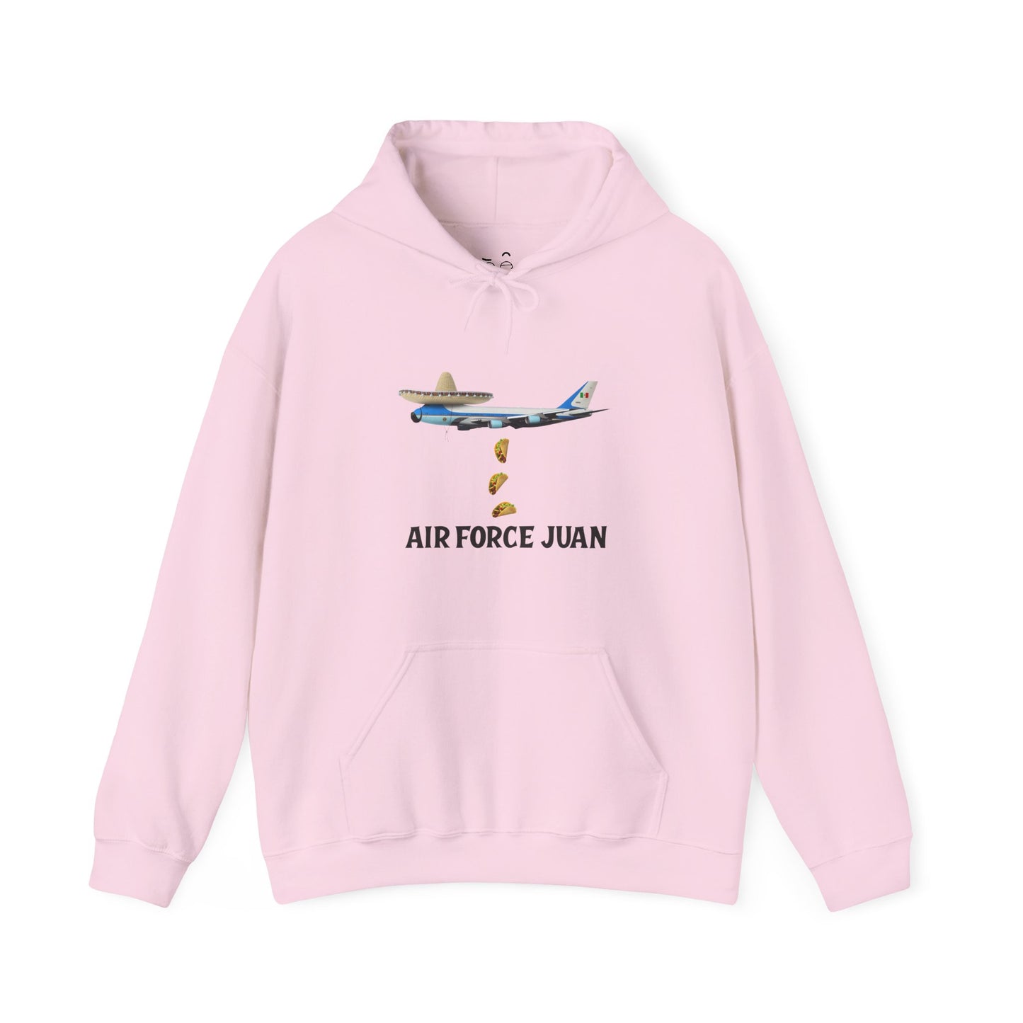 Air Force Juan parody hoodie featuring a presidential airplane with sombrero and tacos