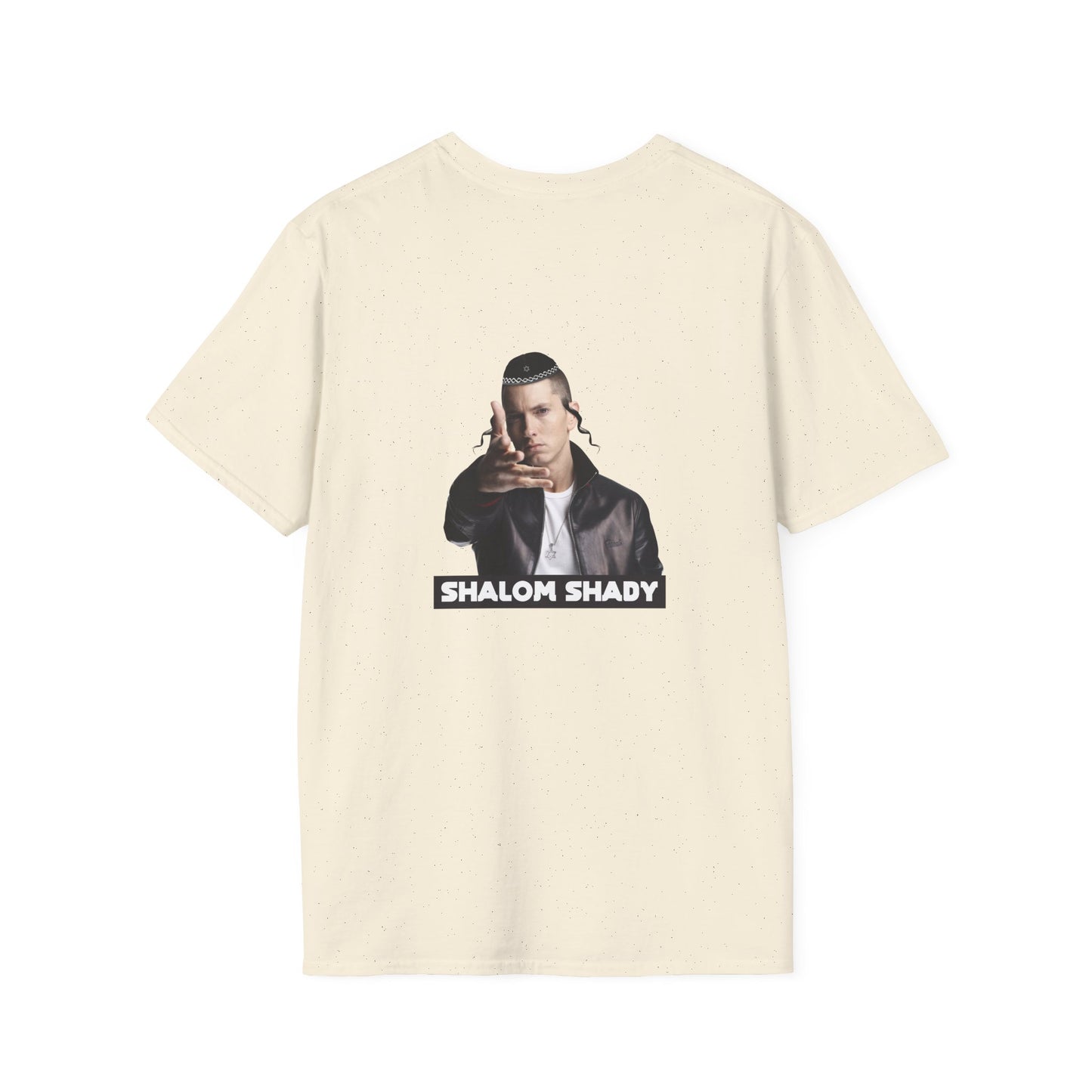 back print shirt of Eminem parody titled “Shalom Shady,” featuring Slim Shady wearing a kippa, payot, and a Star of David necklace.