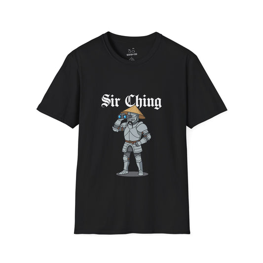 Sir Ching funny knight graphic shirt showing a goofy Asian-inspired medieval knight in shining armor searching with binoculars, wearing a cone hat and buck teeth.