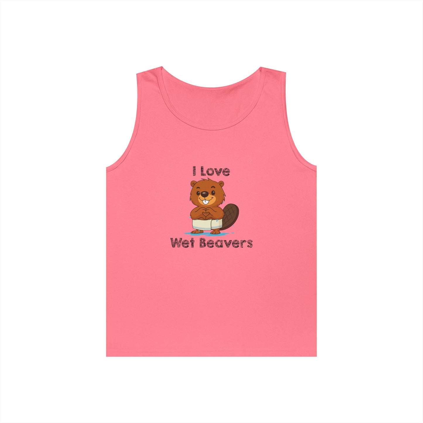 Funny beaver cartoon wearing a towel and dripping water, making a heart shape with its hands, “I Love Wet Beavers” humorous graphic design tank top
