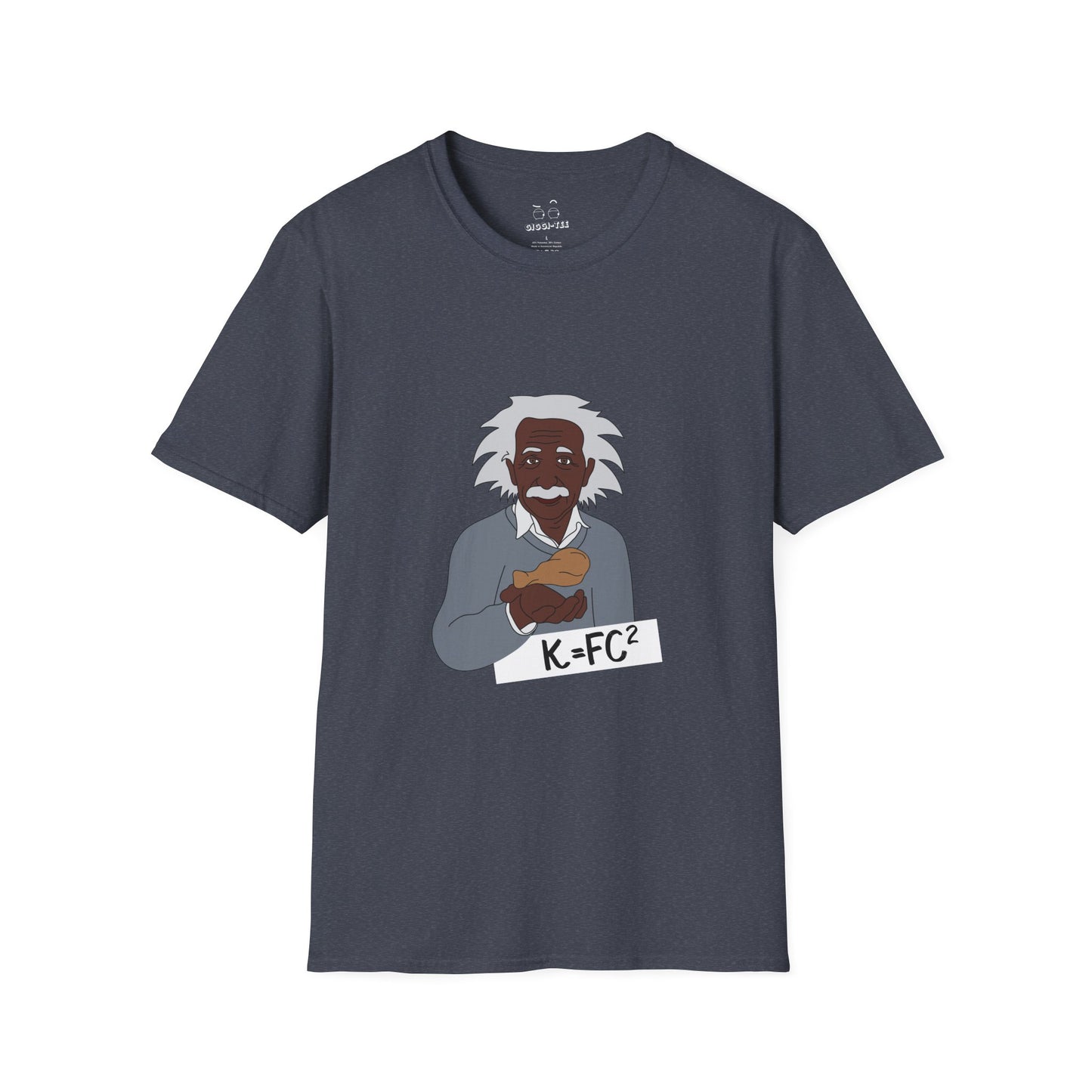 T-shirt featuring a Black Albert Einstein holding a chicken wing next to a parody physics equation, $k=Fc^2$.
