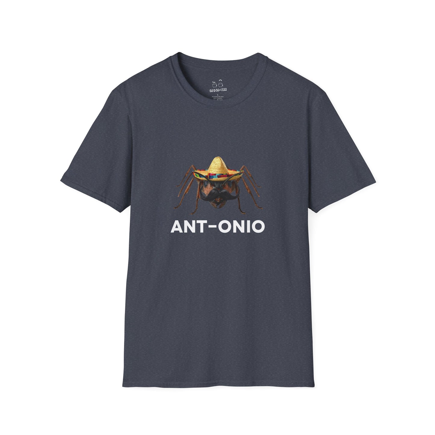 Antonio ant shirt featuring an ant with a big mustache and sombrero. Funny Spanish name pun and animal graphic.