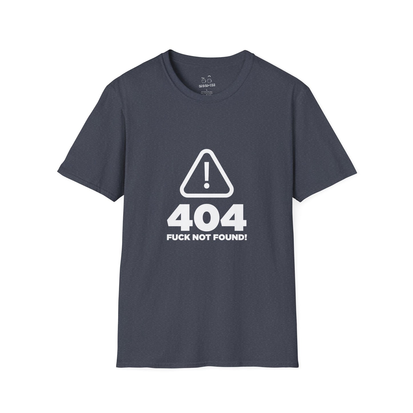 T-shirt with a digital "404 Error" window graphic stating "Error: No Fucks Found" in a computer system font.