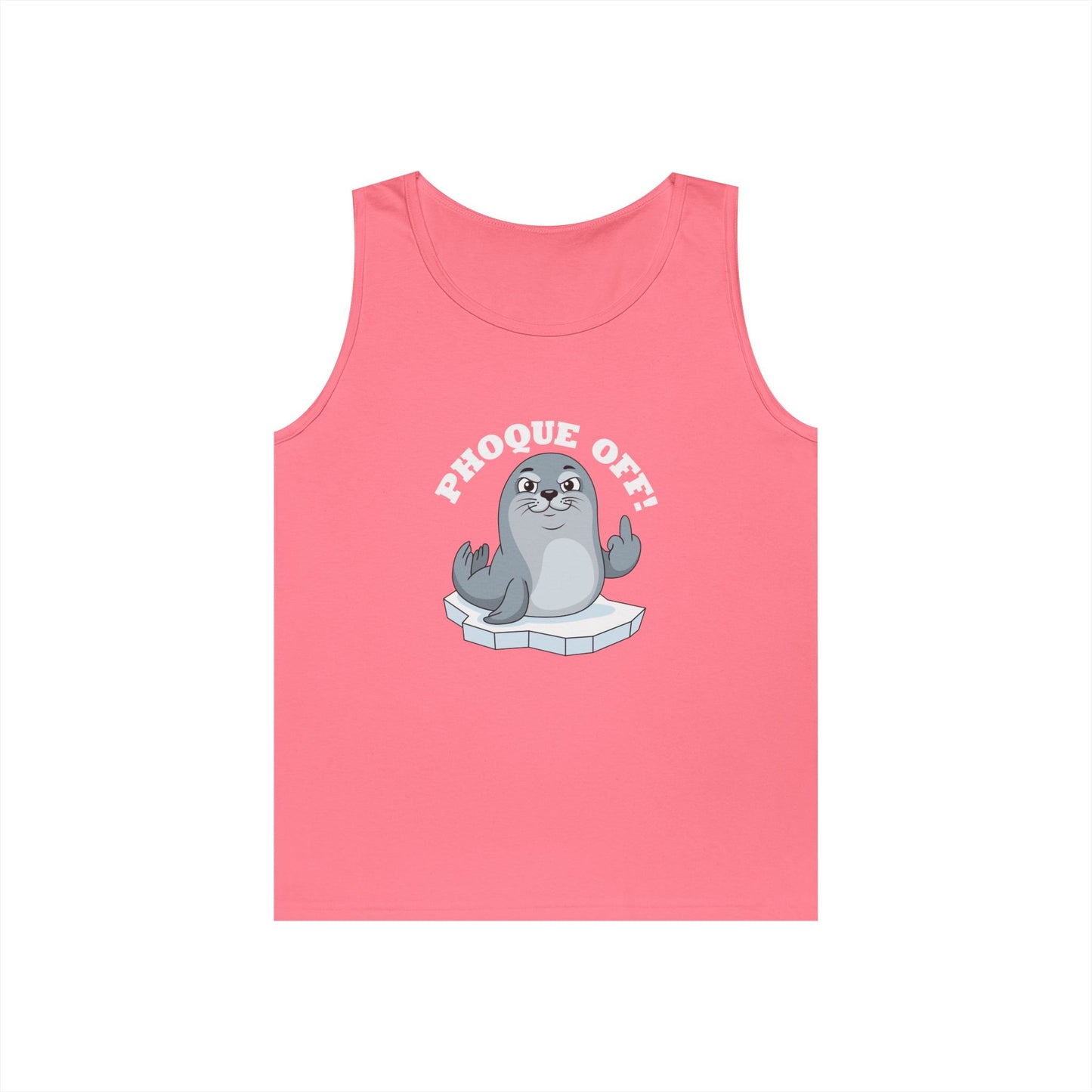 A seal giving the middle finger with the words "Phoque Off" on a funny pun tank top design featuring French wordplay.