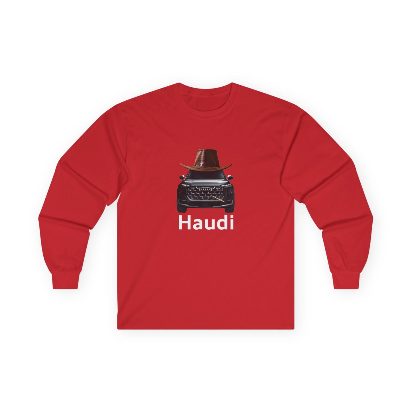 Haudi funny car long sleeve shirt showing an Audi with cowboy hat and toothpick