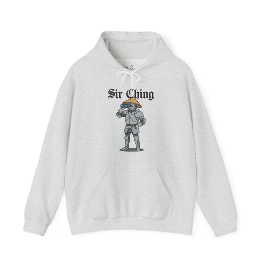 Sir Ching funny knight graphic hoodie showing a goofy Asian-inspired medieval knight in shining armor searching with binoculars, wearing a cone hat and buck teeth.