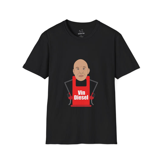 Shirt with a graphic illustration of a gas pump featuring the face and muscular physique of Vin Diesel, blending automotive parts with human features.