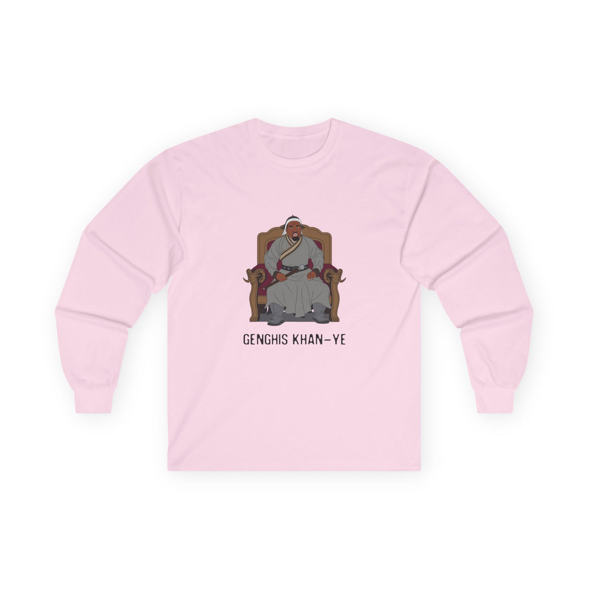 Genghis Khan Ye: Parody long sleeve shirt illustration of Ye dressed as Genghis Khan in Mongolian armor. Funny hip hop culture pun.