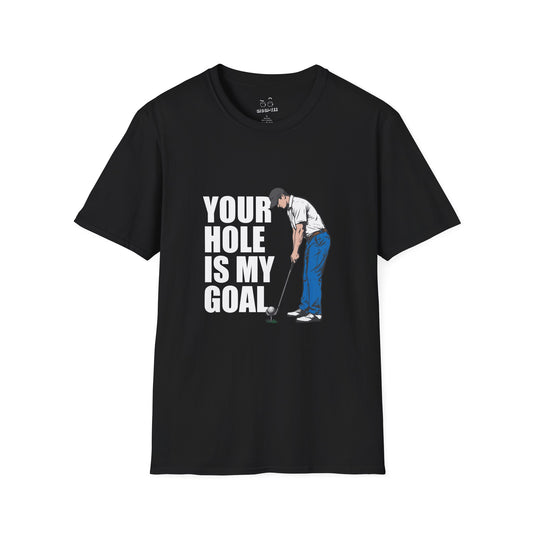 Funny golf design featuring a golfer with a golf club and ball on the pin, with the text “Your Hole Is My Goal.”