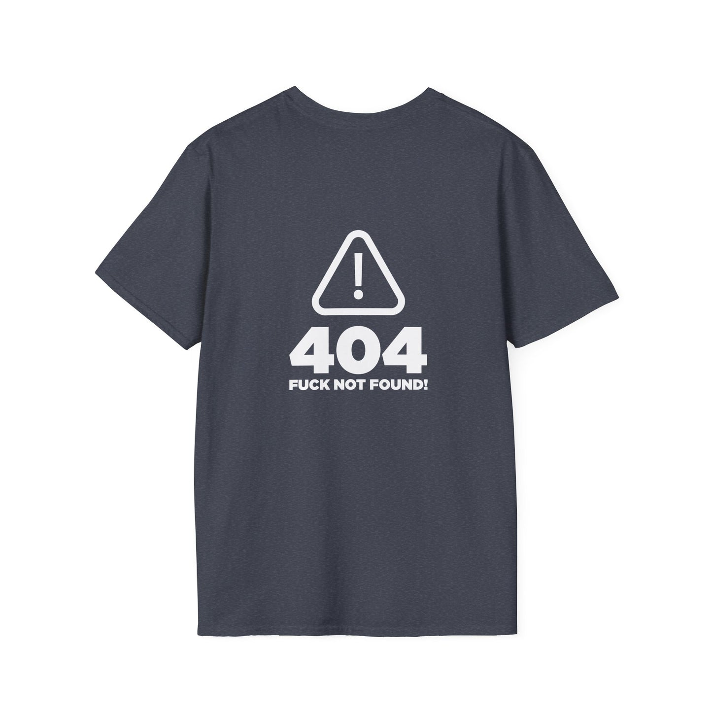 back print t-shirt with a digital "404 Error" window graphic stating "Error: No Fucks Found" in a computer system font.