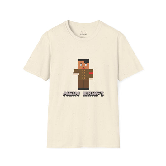 T-shirt featuring a blocky Minecraft-style character dressed in a dictator’s uniform with a toothbrush mustache.
