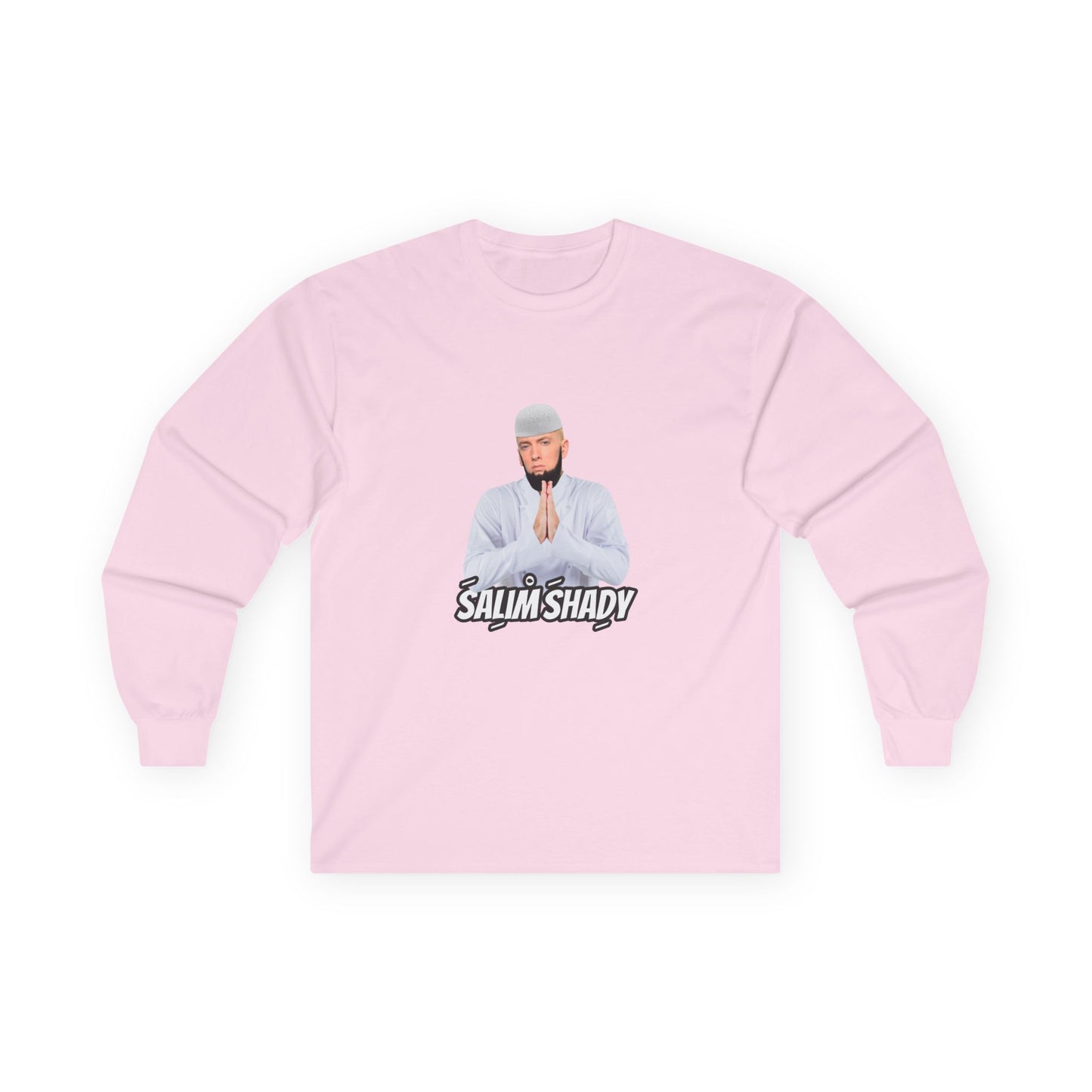 Funny Salim Shady parody long sleeve t-shirt design featuring a Slim Shady style character with an Islamic beard wearing traditional Muslim thobe attire, humorous hip-hop pun graphic.
