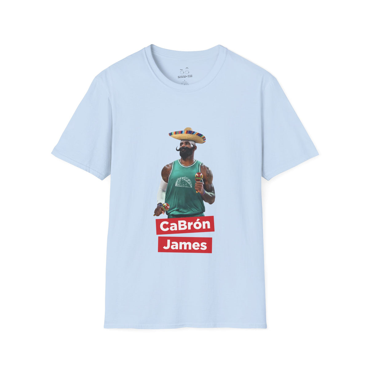 CaBron James parody illustration of LeBron James wearing a sombrero, giant Mexican-style mustache, holding maracas, and wearing a taco-themed basketball jersey.