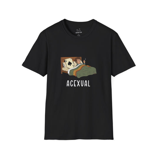 Funny Acexual shirt design showing a man lying in bed next to an Ace playing card in a humorous asexual pun illustration.