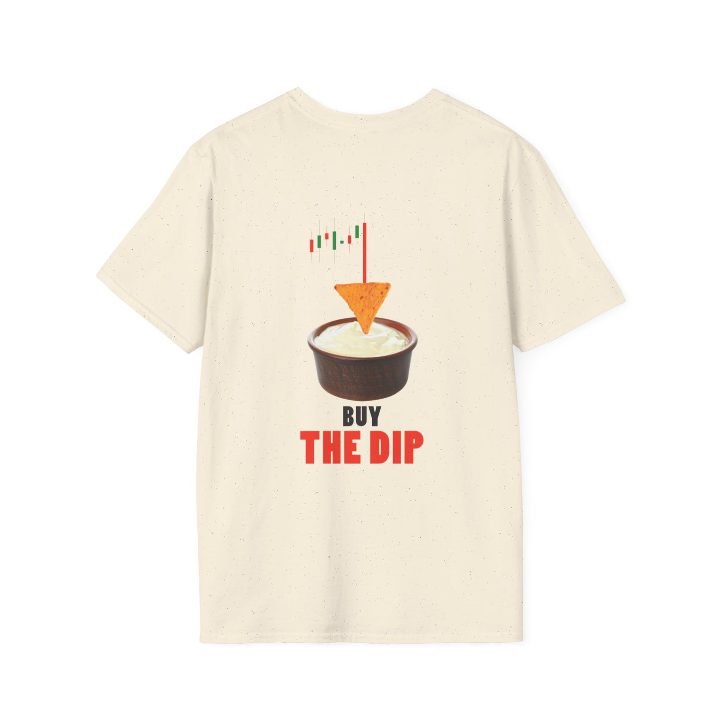 “Buy the Dip back print t-shirt design with nacho chip in dip bowl and candlestick chart, last red candle dropping into the dip.