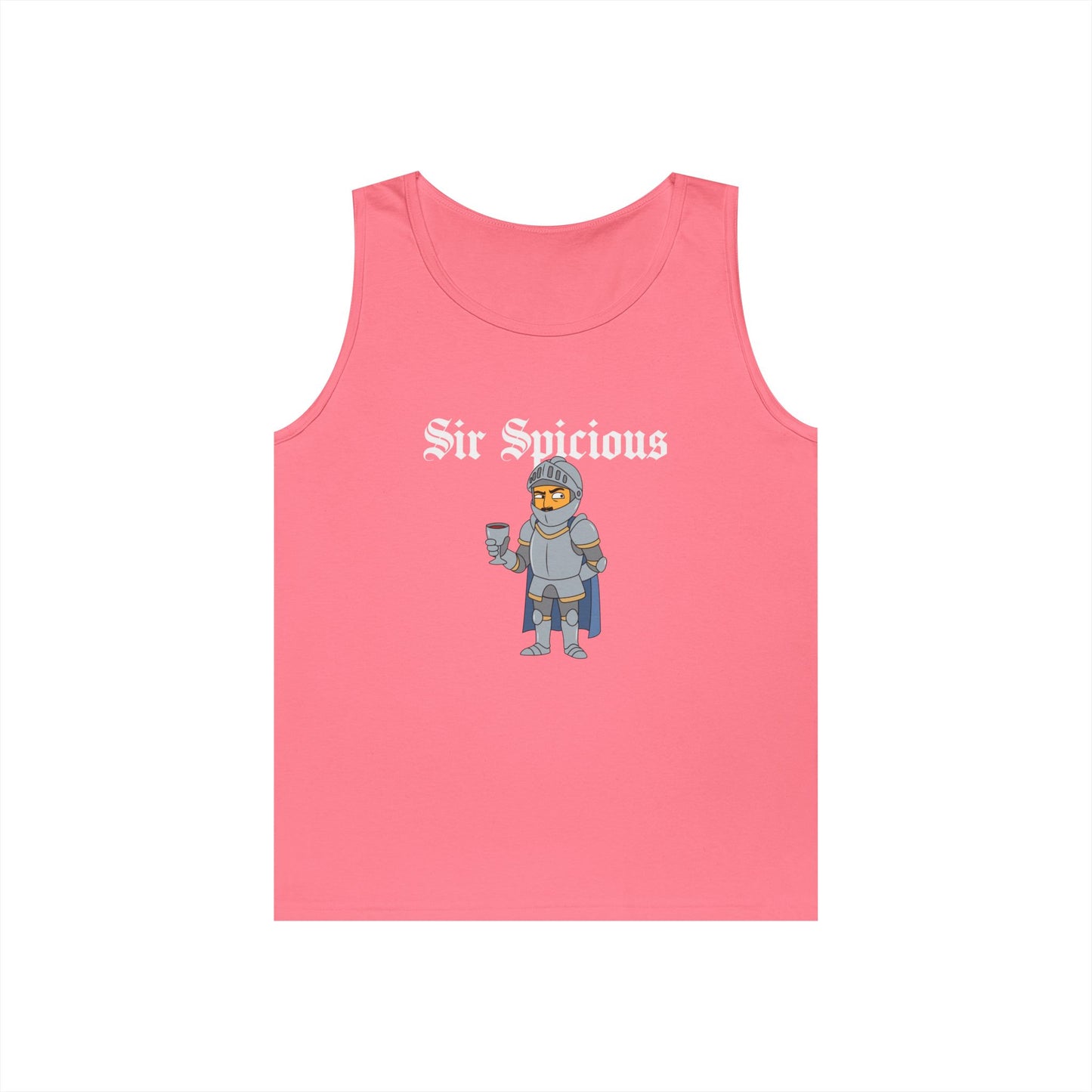 Sir Spicious suspicious medieval knight graphic on a white tank top