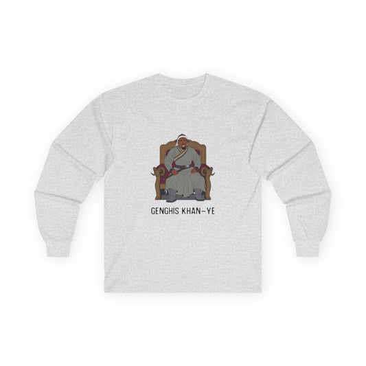 Genghis Khan Ye: Parody long sleeve shirt illustration of Ye dressed as Genghis Khan in Mongolian armor. Funny hip hop culture pun.