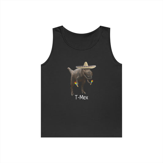 Sleeveless tank top with a T-Mex graphic, showing a cartoon dinosaur in a sombrero celebrating with maracas.