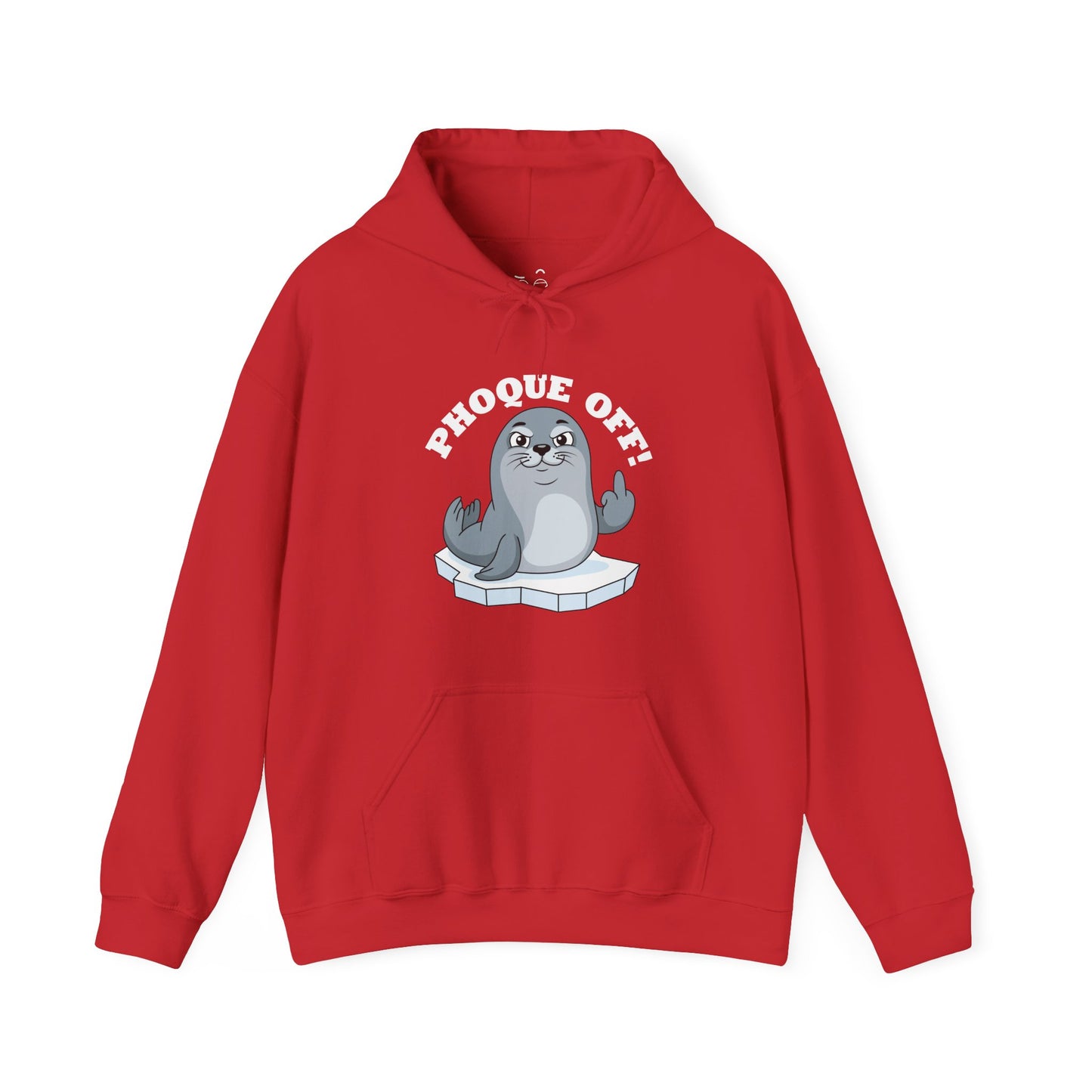 A funny seal wearing a "Phoque Off" design while giving the middle finger on a humorous pun hoodie.