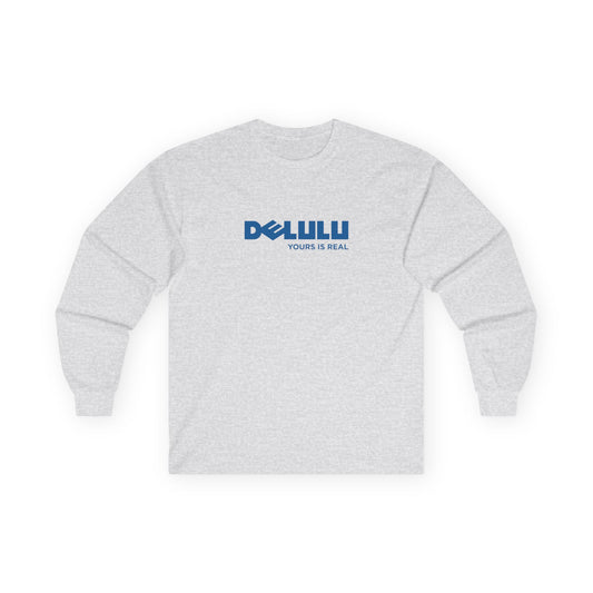 Delulu parody long sleeve t-shirt design with Dell logo transformed into the word ‘Delulu’, nerdy tech humor shirt, laptop and computer fan gift