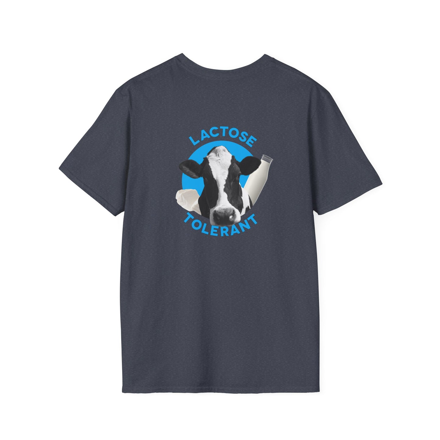Lactose Tolerant t-shirt featuring cow illustration with milk bottle and cheese, funny dairy lover shirt for men and women.
