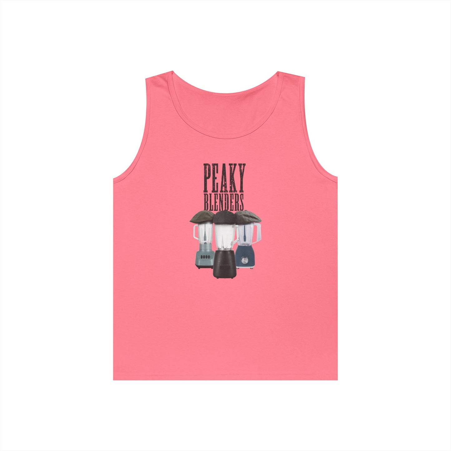 Funny Peaky Blenders design featuring three blenders styled as gangster characters in flat caps with a minimalist parody crime drama aesthetic.