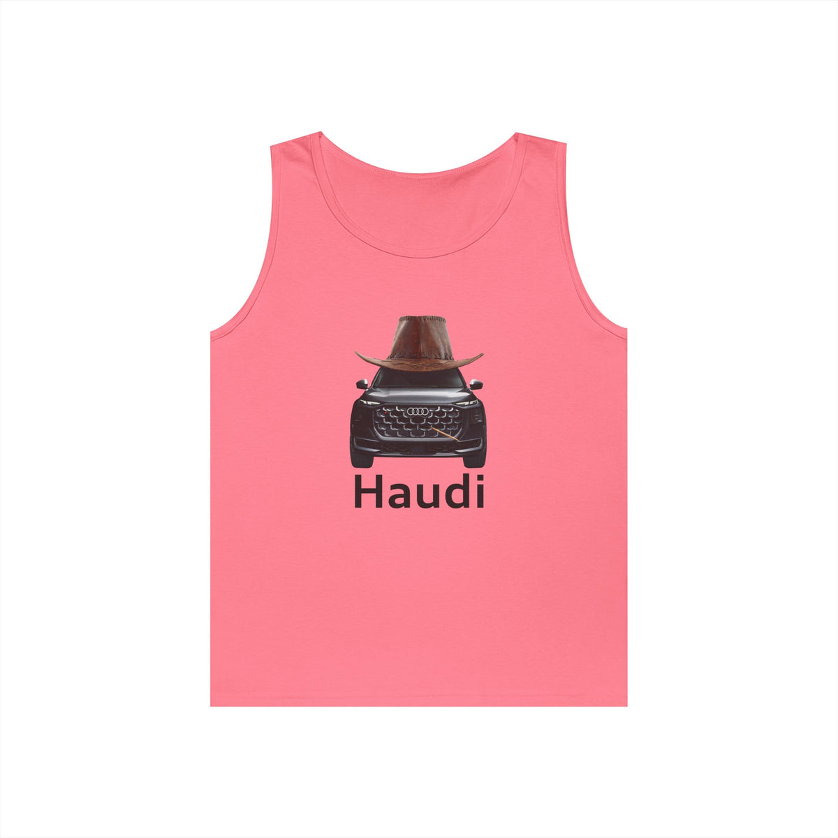 Haudi funny car tank top featuring an Audi wearing a cowboy hat and toothpick