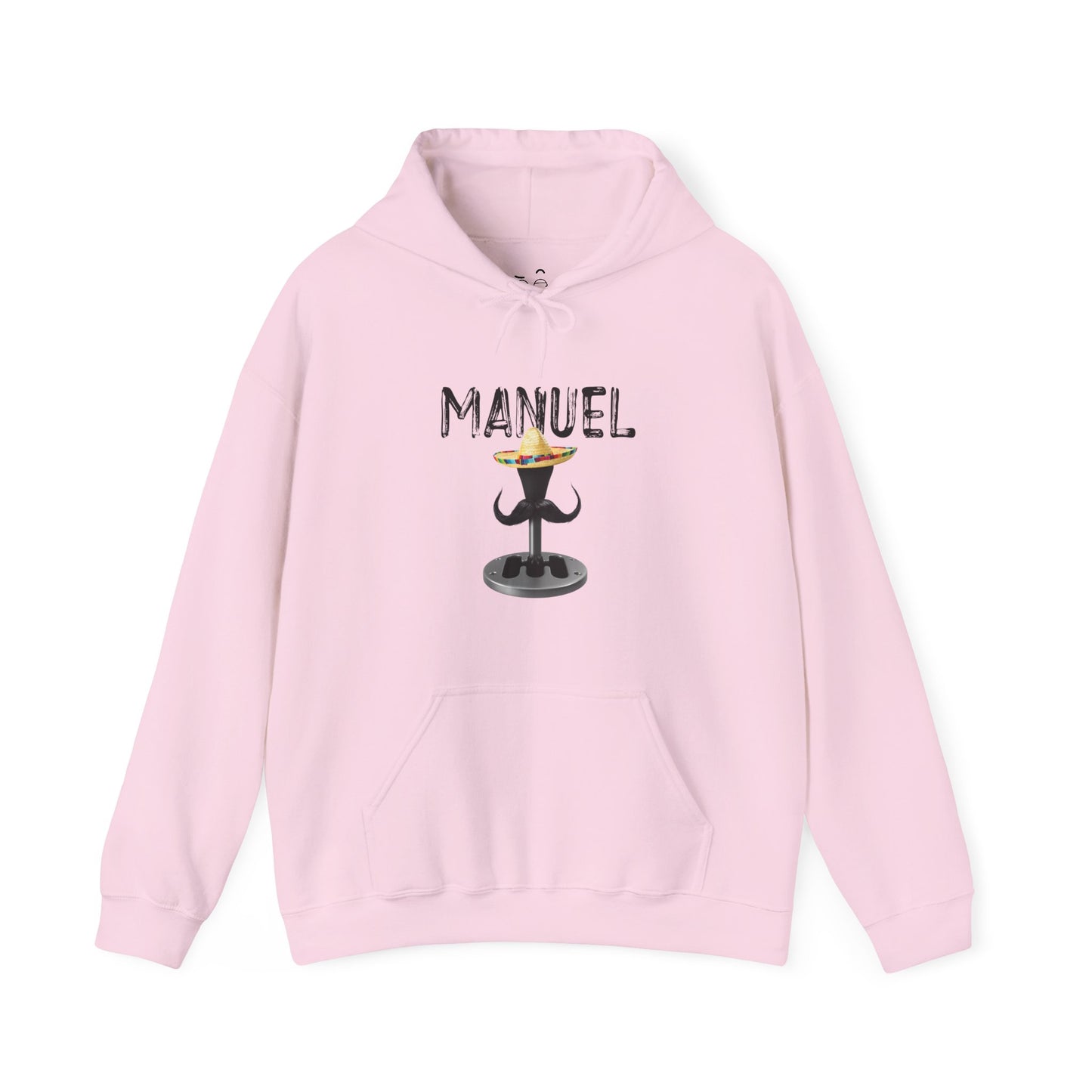 Manuel automotive parody hoodie featuring a manual transmission with sombrero and mustache