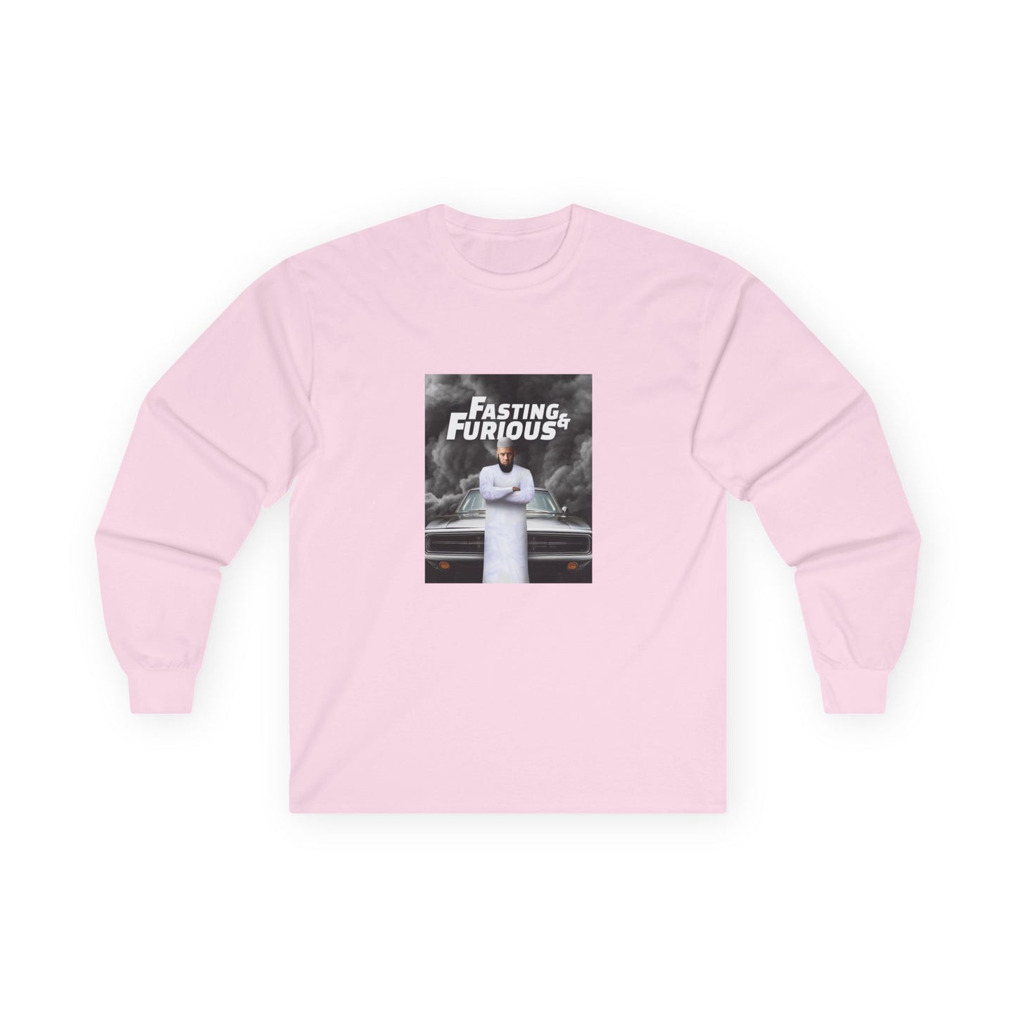 Fast and Furious parody long sleeve shirt design featuring Vin Diesel wearing traditional Muslim clothing and a long jihadist-style beard, titled “Fasting and Furious.”