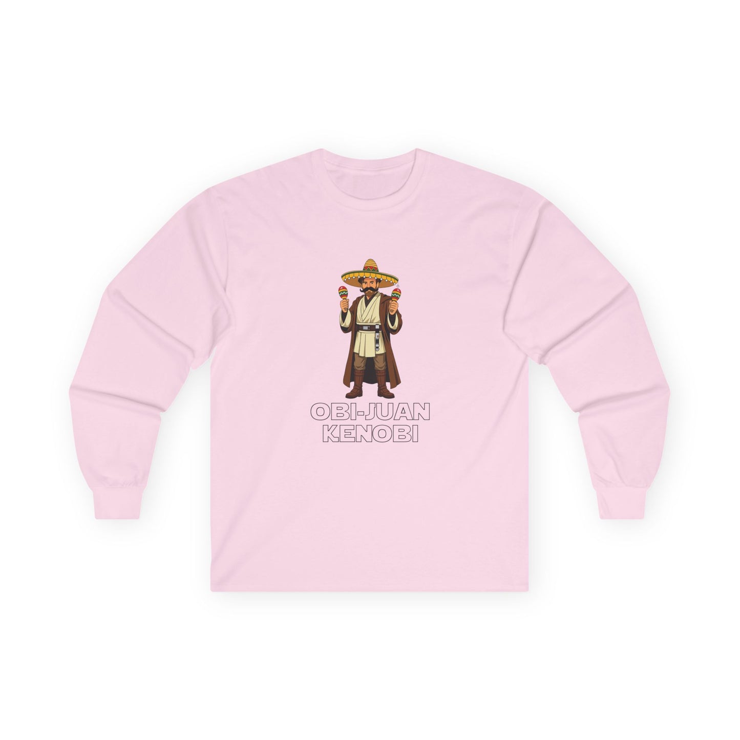 Obi Juan Kenobi: Star wars parody long sleeve shirt with a Jedi wearing a sombrero and Mexican mustache, holding two maracas. Funny sci-fi pun graphic.