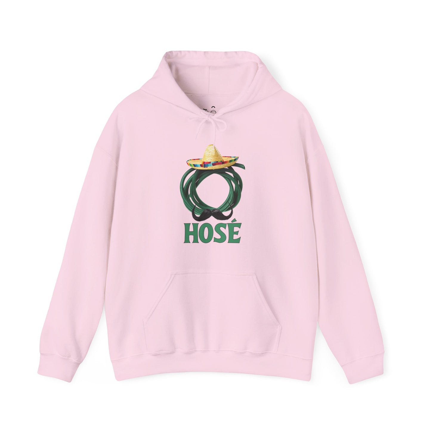 Hosé hoodie design featuring a green garden hose with sombrero and mustache